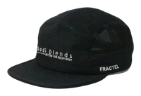 Side view of a black hat with a white Bodi Blends logo stitched into the front and the word Fractel in white stitched into the side. The cap is made of 100% recycled polyester.