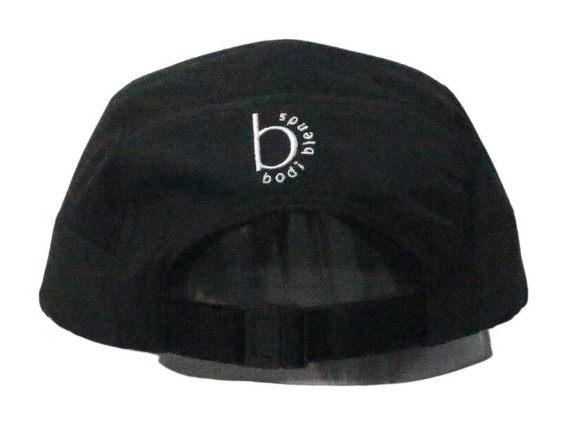 Back panel of a black hat with a white b with bodi blends around the b stitched in white. It has an adjustable strap and is made from 100% recycled polyester.
