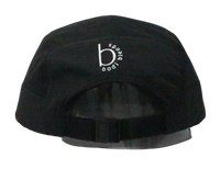Back panel of a black hat with a white b with bodi blends around the b stitched in white. It has an adjustable strap and is made from 100% recycled polyester.