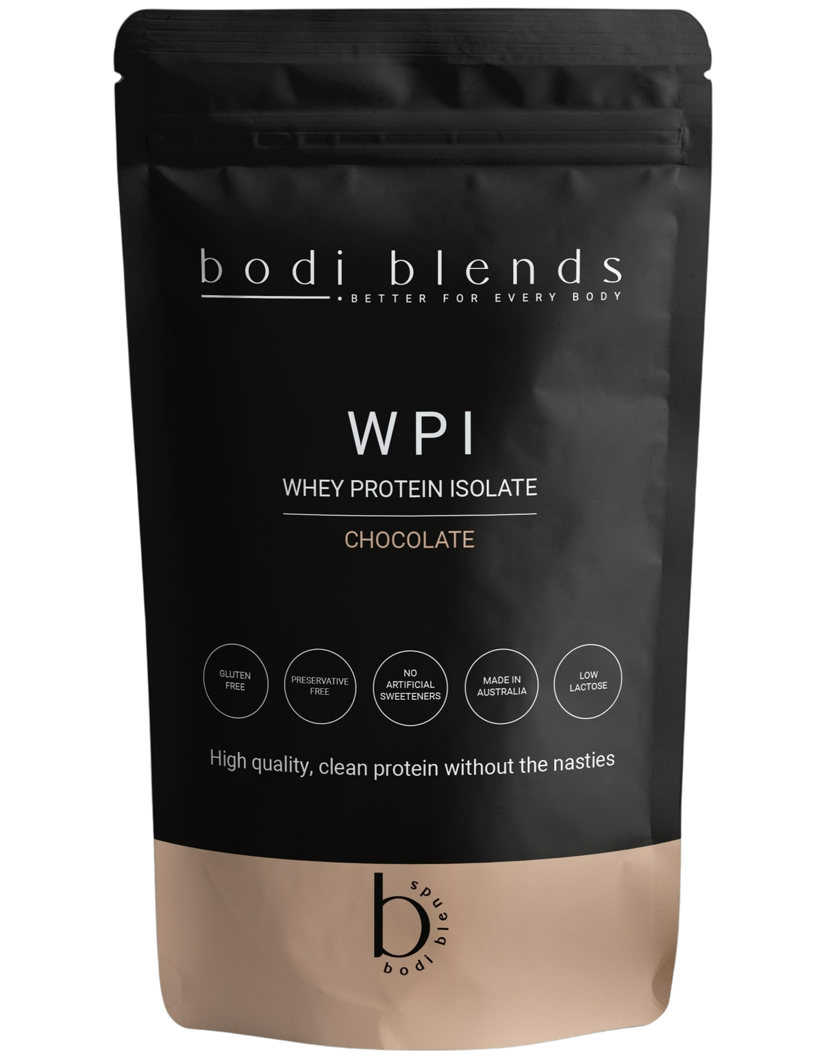 Front of a stand up pouch of chocolate flavoured whey protein isolate powder. The label shows the brand name, product name, size and some nutritional information. The powder is in a resealable, black plastic stand up pouch with a brown strip along the bottom.