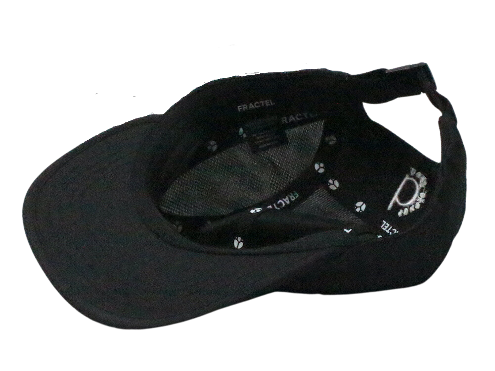 Upside down black hat showing the inside mesh parts. The cap is made of 100% recycled polyester.