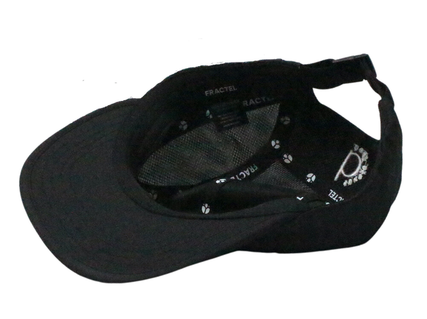 Upside down black hat showing the inside mesh parts. The cap is made of 100% recycled polyester.