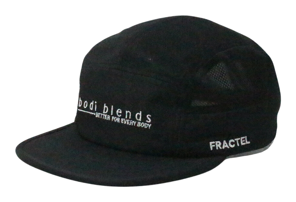 Side view of a black hat with a white Bodi Blends logo stitched into the front and the word Fractel in white stitched into the side. The cap is made of 100% recycled polyester.
