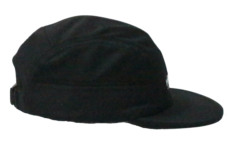 Side panel of a black hat with no visible branding. The cap is made of 100% recycled polyester.