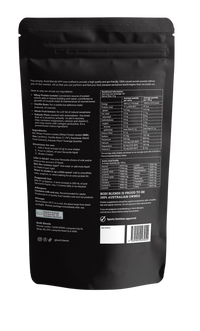 Back of a stand up pouch of vanilla flavoured whey protein isolate powder. The label shows information about the brand, ingredients, ways to use the powder, a nutritional panel and other information like storage, allergies and suggested use. The powder is in a resealable, black plastic stand up pouch.