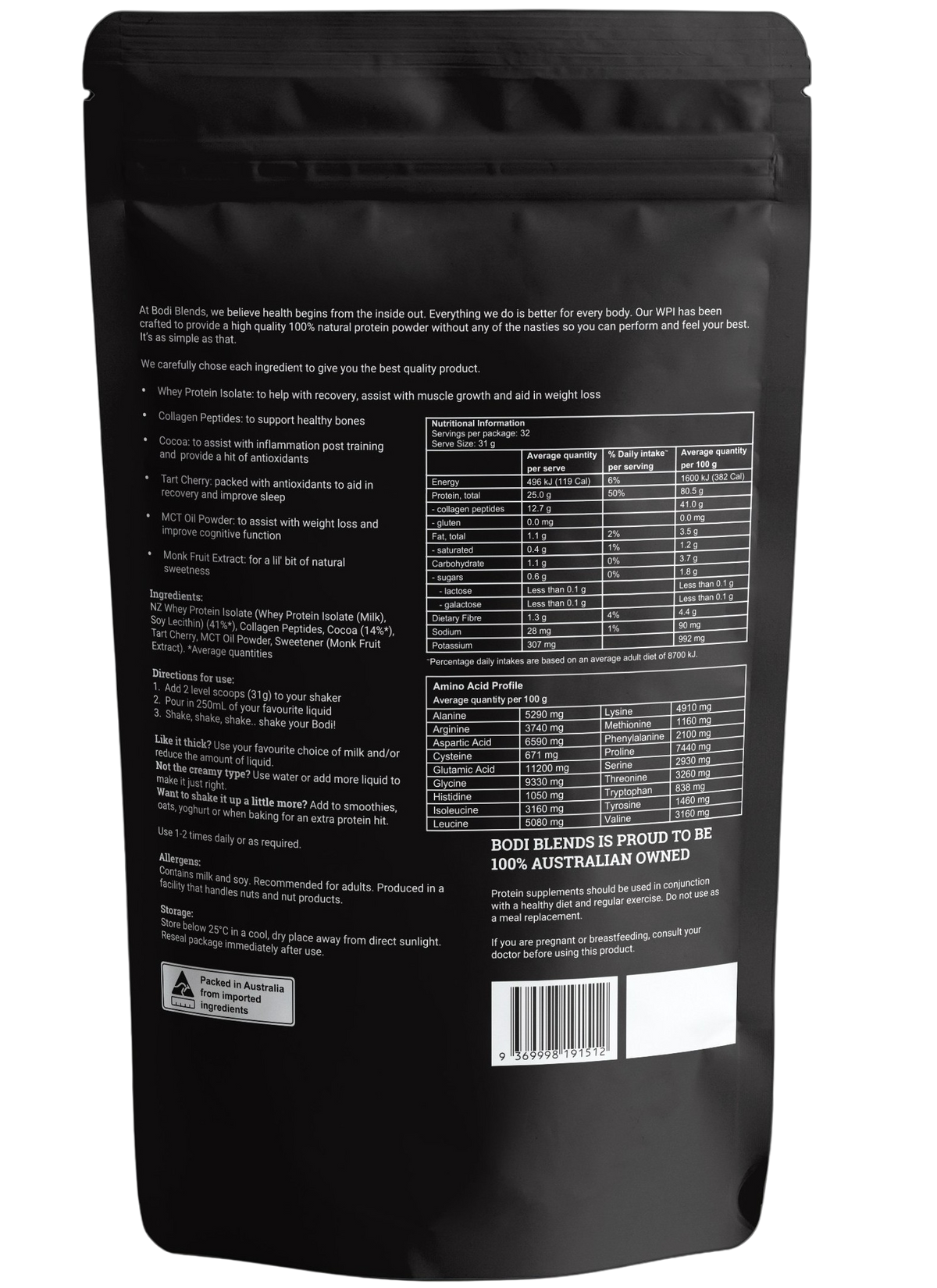 Back of a stand up pouch of chocolate flavoured whey protein isolate powder. The label shows information about the brand, ingredients, ways to use the powder, a nutritional panel and other information like storage, allergies and suggested use. The powder is in a resealable, black plastic stand up pouch.