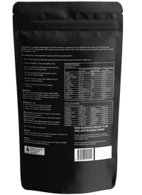 Back of a stand up pouch of chocolate flavoured whey protein isolate powder. The label shows information about the brand, ingredients, ways to use the powder, a nutritional panel and other information like storage, allergies and suggested use. The powder is in a resealable, black plastic stand up pouch.