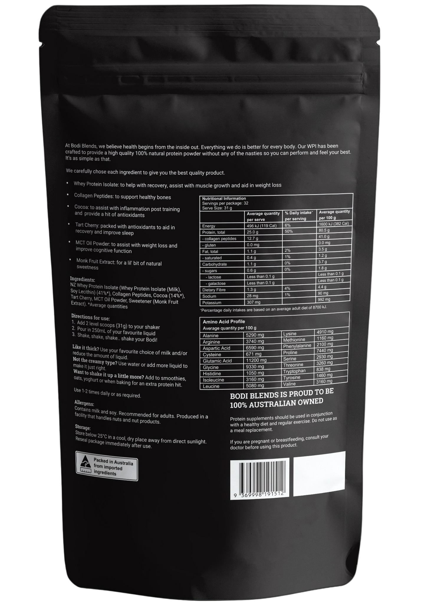 Back of a stand up pouch of chocolate flavoured whey protein isolate powder. The label shows information about the brand, ingredients, ways to use the powder, a nutritional panel and other information like storage, allergies and suggested use. The powder is in a resealable, black plastic stand up pouch.