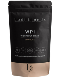 Front of a stand up pouch of chocolate flavoured whey protein isolate powder. The label shows the brand name, product name, size and some nutritional information. The powder is in a resealable, black plastic stand up pouch with a brown strip along the bottom.