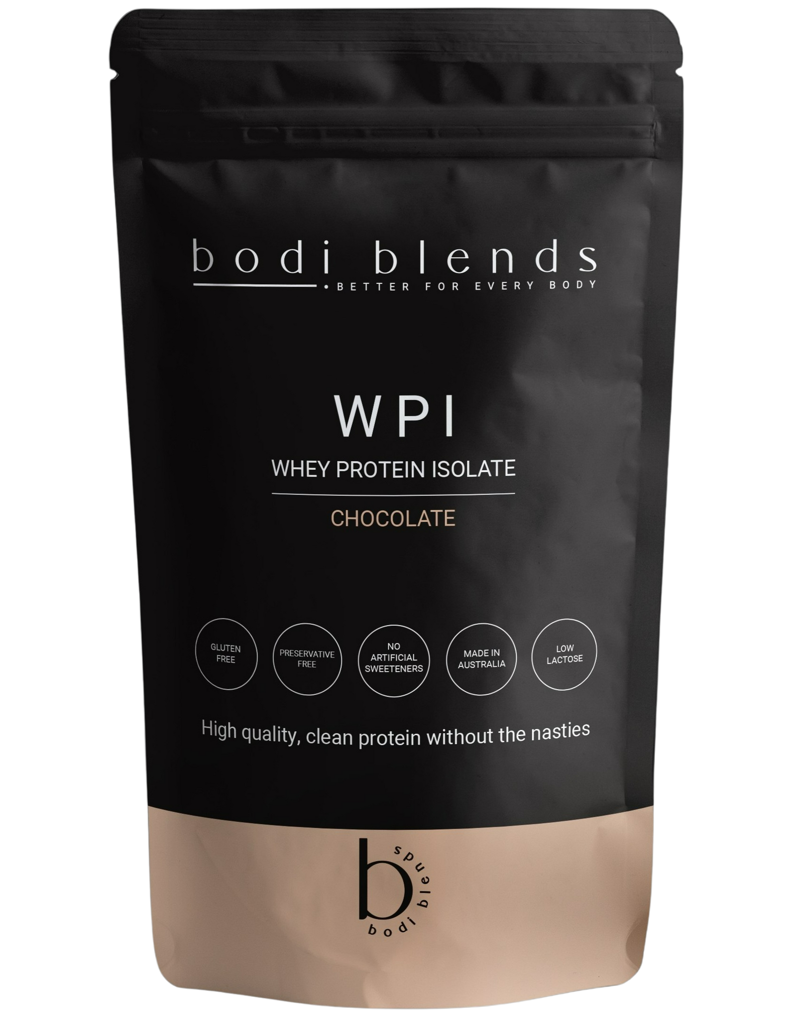 Front of a stand up pouch of chocolate flavoured whey protein isolate powder. The label shows the brand name, product name, size and some nutritional information. The powder is in a resealable, black plastic stand up pouch with a brown strip along the bottom.